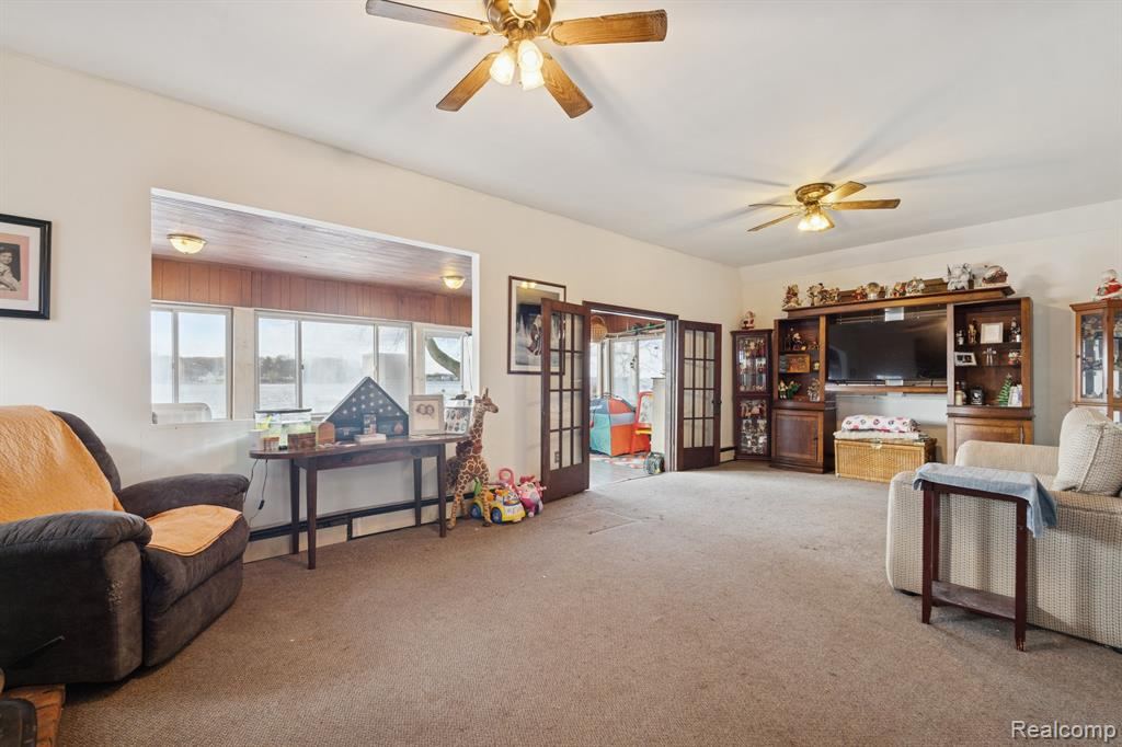 Living room with lake views through the front windows